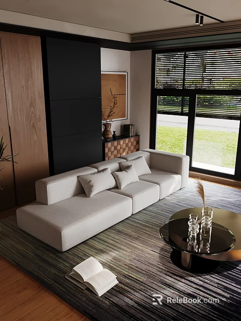 Modern Living Room Interior With Beige Sofa Wooden Black Walls And Coffee Table 3d model 