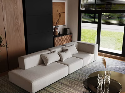 Modern Living Room Interior With Beige Sofa Wooden Black Walls And Coffee Table 3d model
