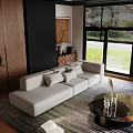 Modern Living Room Interior With Beige Sofa Wooden Black Walls And Coffee Table