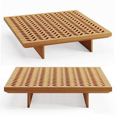 Modern Wooden Functional Table With Wavy Perforated Surface And Sleek Legs 3d model