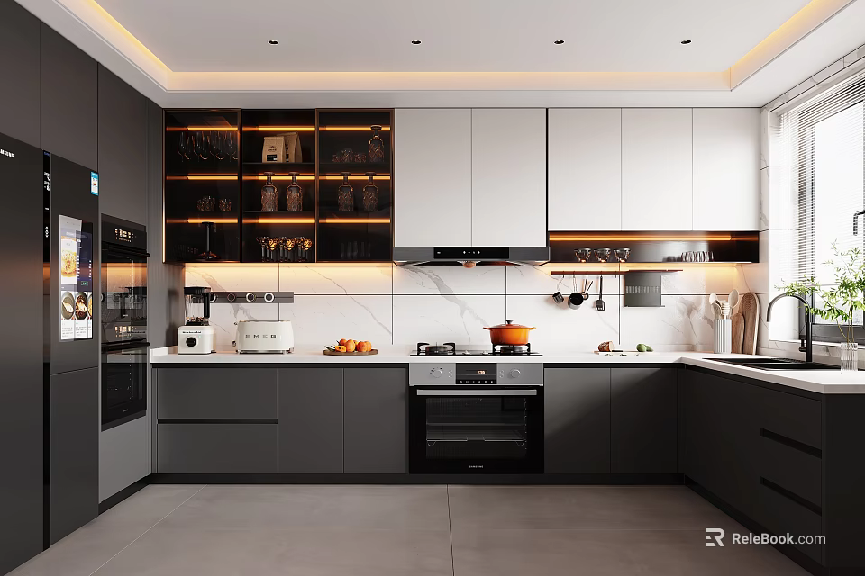 Modern Kitchen Interior Design With Gray White Cabinets Countertop And Under Cabinet Lighting 3d model 