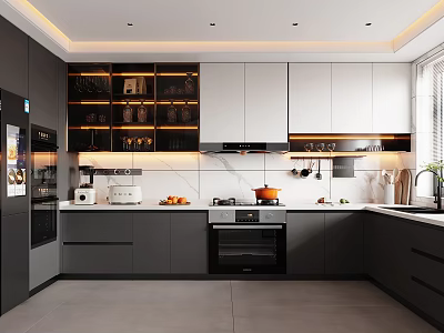 Modern Kitchen Interior Design With Gray White Cabinets Countertop And Under Cabinet Lighting 3d model