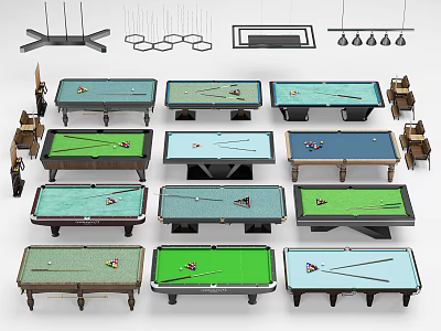 Billiard Room Interior Design With Various Pool Tables Ceiling Lights And Chairs 3d model