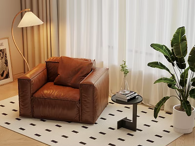 Brown Leather Single Seater Sofa With Floor Lamp Side Table And Green Plant On Rug 3d model