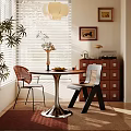 Dining Table Set With Wooden Round Top Modern Chairs Window Blinds Vase And Sideboard Cabinet