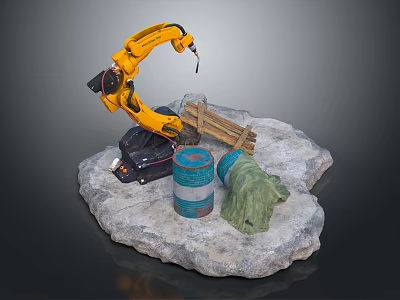Yellow Robotic Arm Handling Wooden Plank Blue Barrel And Green Cloth On Stone Platform 3d model