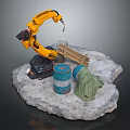 Yellow Robotic Arm Handling Wooden Plank Blue Barrel And Green Cloth On Stone Platform
