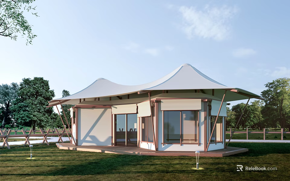 Modern Outdoor Tent With Wooden Structure And Large Windows In Grassland 3d model 