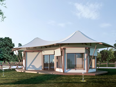 Modern Outdoor Tent With Wooden Structure And Large Windows In Grassland 3d model