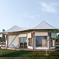 Modern Outdoor Tent With Wooden Structure And Large Windows In Grassland