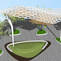 Modern Pergola with Grid Roof Structure and Hanging Plants Surrounded by Trees and Lawn