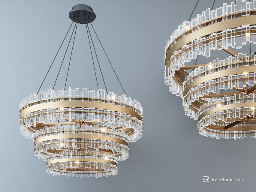 Modern Hanging Multi Tiered Crystal Chandeliers With Gold Frame And Transparent Crystals 3d model 
