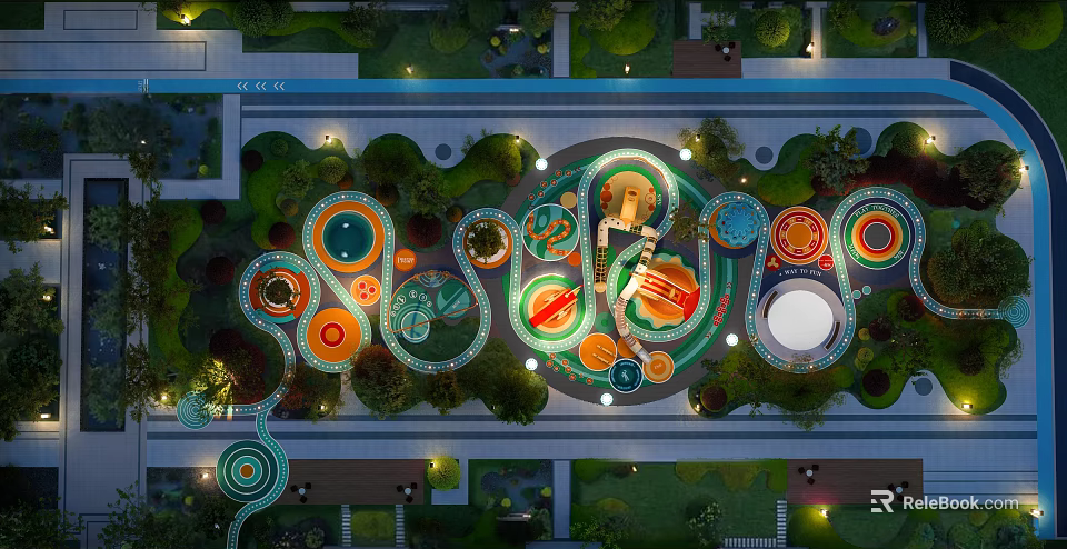 Colorful Children's Play Area Featuring Circular Structures Greenery And Lighting Elements 3d model 