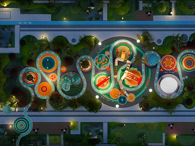 Colorful Children's Play Area Featuring Circular Structures Greenery And Lighting Elements 3d model