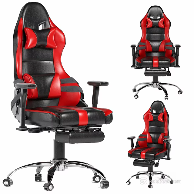 Black Red Leather Modern Desk Chair Set With Swivel Wheels And Adjustable Arms 3d model 