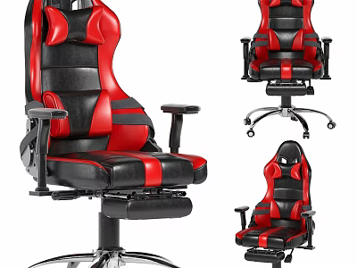 Black Red Leather Modern Desk Chair Set With Swivel Wheels And Adjustable Arms 3d model