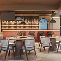 Elegant Restaurant Interior With Wooden Tables Chairs Pendant Lights Bar Counter And Wine Racks
