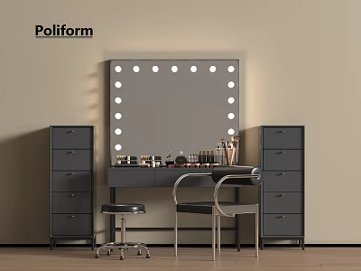 Elegant Poliform Vanity Space With Lighted Mirror And Perfume Cosmetics Storage Drawers 3d model