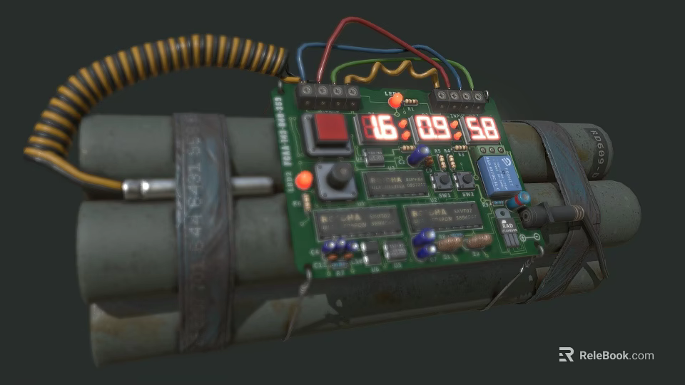 Weapon Bomb With Electronic Circuit Board Digital Timer Yellow Coiled Hose And Metal Straps 3d model 