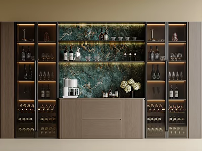 Modern Sideboard With Glass Doors Marble Backdrop Wine Bottles Coffee Machine And Elegant Storage Design 3d model