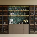 Modern Sideboard With Glass Doors Marble Backdrop Wine Bottles Coffee Machine And Elegant Storage Design