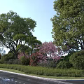 Lush Roadside Garden with Green Shrubs Pink Red Flowers and Blue Sky