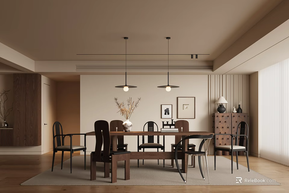 Modern Elegant Restaurant Interior With Wooden Dining Table Chairs Pendant Lights And Decorative Paintings 3d model 