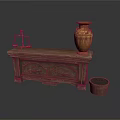 Home Living Supplies With Wooden Console Table Brass Balance Scale Carved Vase And Woven Basket