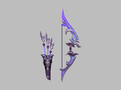 Fantasy Style Weapon Bow With Arrow Quiver And Purple Blue Decorative Accents 3d model