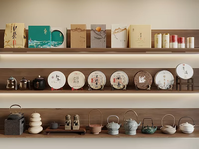 Traditional Tea Sets Display on Wooden Shelves with Ceramic Teapots Tea Cakes and Tea Canisters 3d model