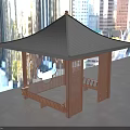 Garden Landscape Pavilion With Black Roof Wooden Circular Open Window Bench Blue Sky White Clouds