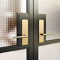 Modern Double Doors With Black Frame Glass Panels And Golden Handles Design