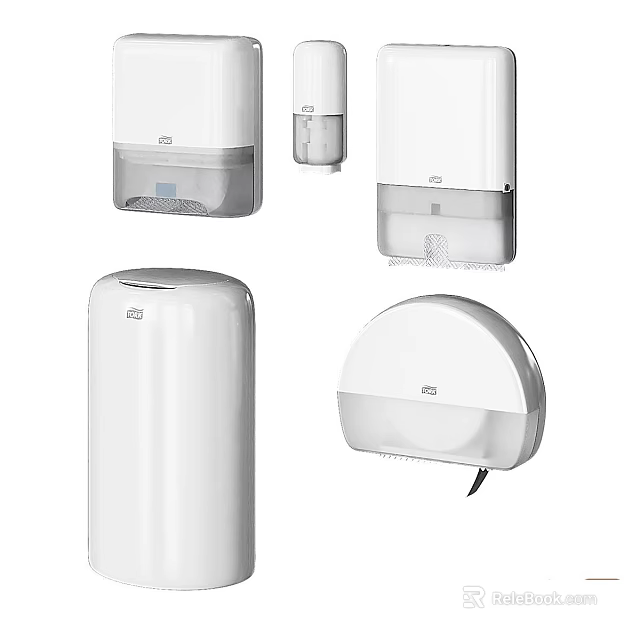 Modern White Daily Washing Products Featuring Soap Dispensers Tissue Holders And Hand Dryers 3d model 