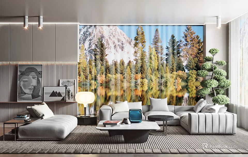 Modern Sofa and Coffee Table Set in Living Room with Mountain Landscape Backdrop 3d model 