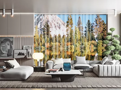 Modern Sofa and Coffee Table Set in Living Room with Mountain Landscape Backdrop 3d model