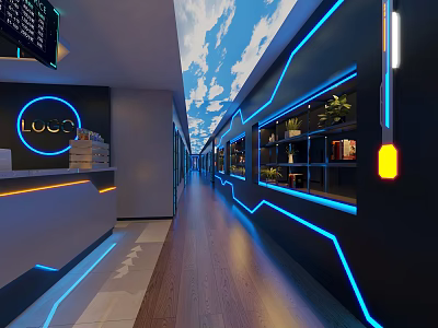 Modern Internet Cafe Interior With Blue Neon Lights Black Walls Wooden Floors Counter And Plants 3d model