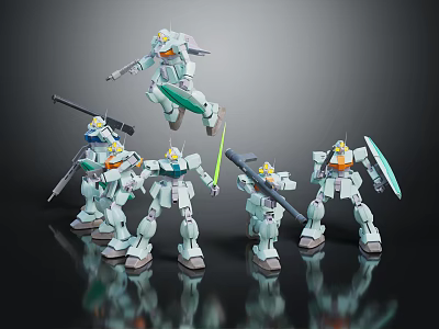 Light Green And White Robot Models In Action Poses With Weapons On Dark Reflective Background 3d model