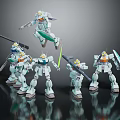 Light Green And White Robot Models In Action Poses With Weapons On Dark Reflective Background 3d model