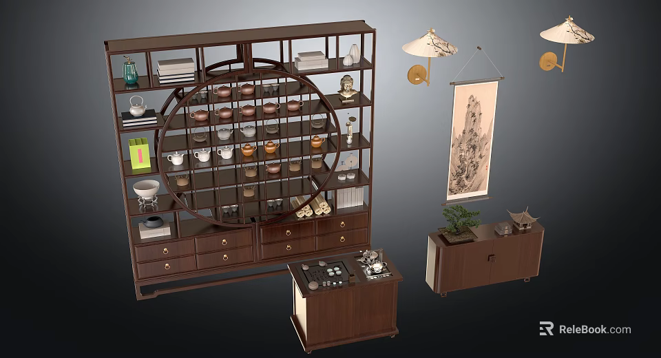 Traditional Chinese Wooden Console Side Cabinet With Tea Sets Books Decorations Hanging Scroll And Lamp 3d model 