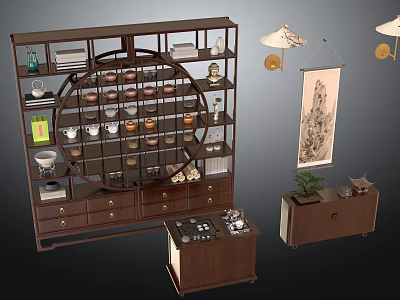 Traditional Chinese Wooden Console Side Cabinet With Tea Sets Books Decorations Hanging Scroll And Lamp 3d model