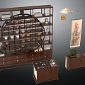 Traditional Chinese Wooden Console Side Cabinet With Tea Sets Books Decorations Hanging Scroll And Lamp