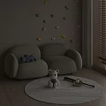 Light Green Two Seater Sofa With Colorful Wall Decorations White Rug And Stuffed Toys