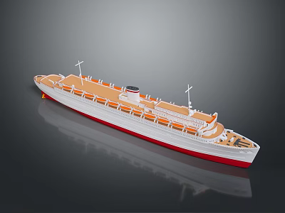 Cruise Ship Water Transport With White Body Red Bottom Orange Deck Multiple Windows Top Masts 3d model