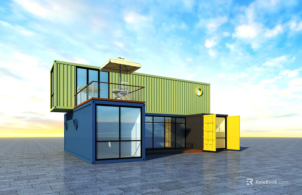 Industrial Equipment Green Blue Container with Balcony Glass Windows Yellow Door for Modern Modular Building 3d model 