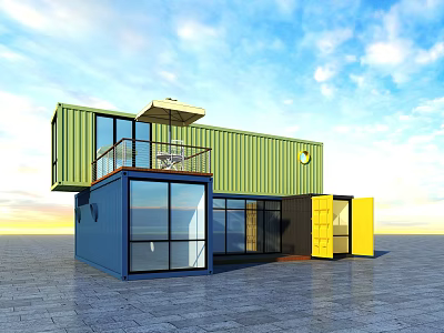 Industrial Equipment Green Blue Container with Balcony Glass Windows Yellow Door for Modern Modular Building 3d model