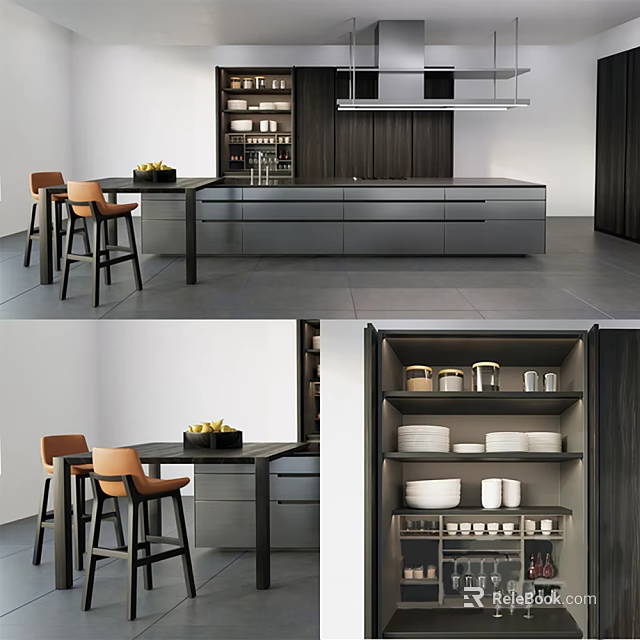 Modern Kitchen Interior Design With Island Counter Stools Cabinets And Storage Dishes 3d model 
