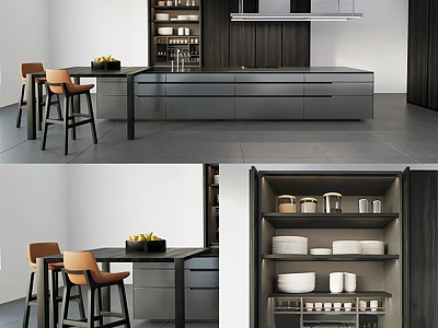 Modern Kitchen Interior Design With Island Counter Stools Cabinets And Storage Dishes 3d model
