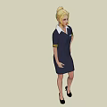 Woman In Professional Dark Blue Uniform Dress With White Collar And Yellow Trim Standing