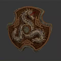 Intricate Dragon Pattern Shield Shaped Decorative Ornament With Metallic Finish And Central Gemstone