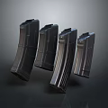 Four Black Curved Firearm Magazines Arranged On Dark Background As Weapon Accessories